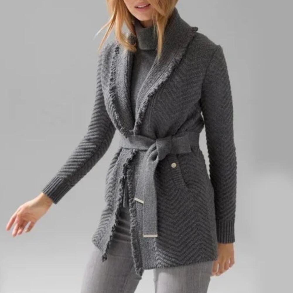 NWT White House Black Market Heather grey fringe shawl collar tie belt cardigan